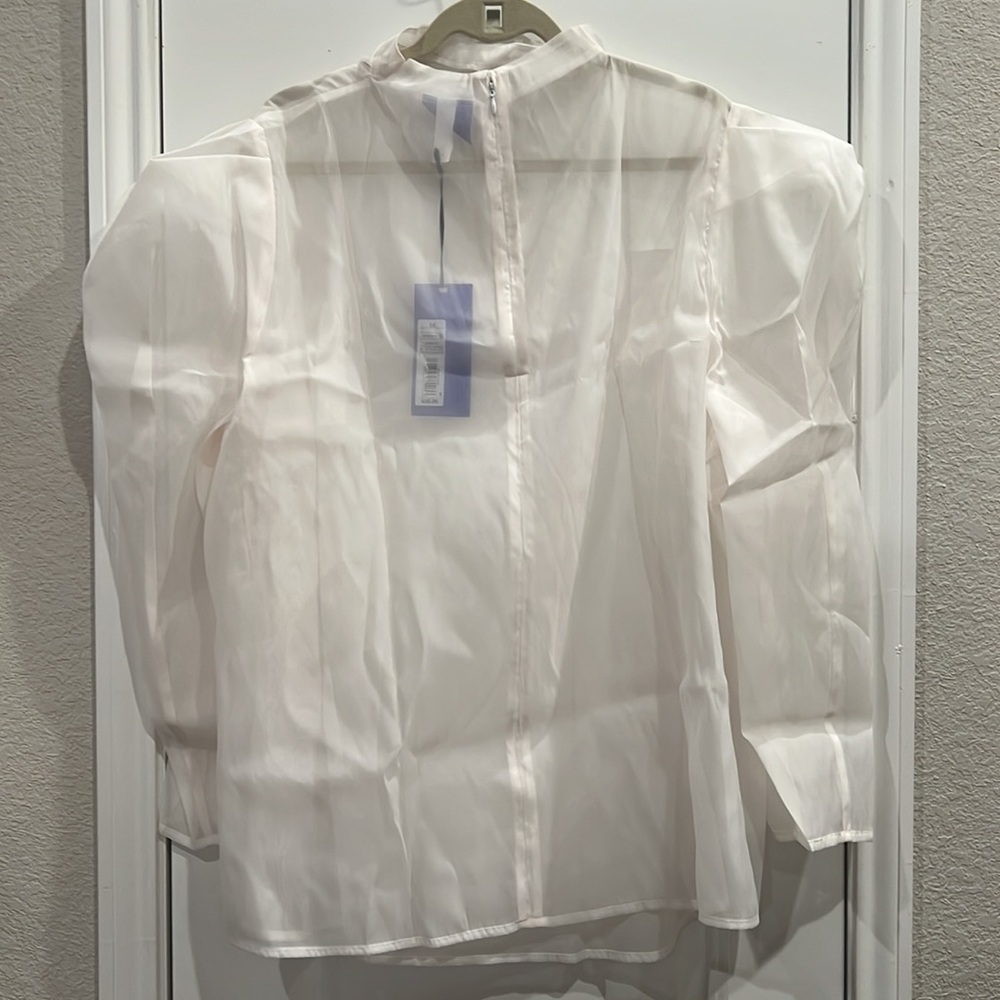 NWT! Future Collective Kahlana Barfield-Brown sheer puff sleeve mock neck blouse - Picture 3 of 6